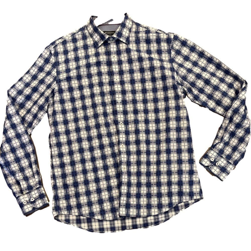 Bugatchi L cotton blue/white geometric patterned dress shirt